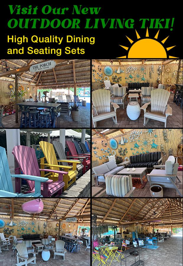 Check out our beautiful new outdoor living tiki with seating and dining sets for everyone.